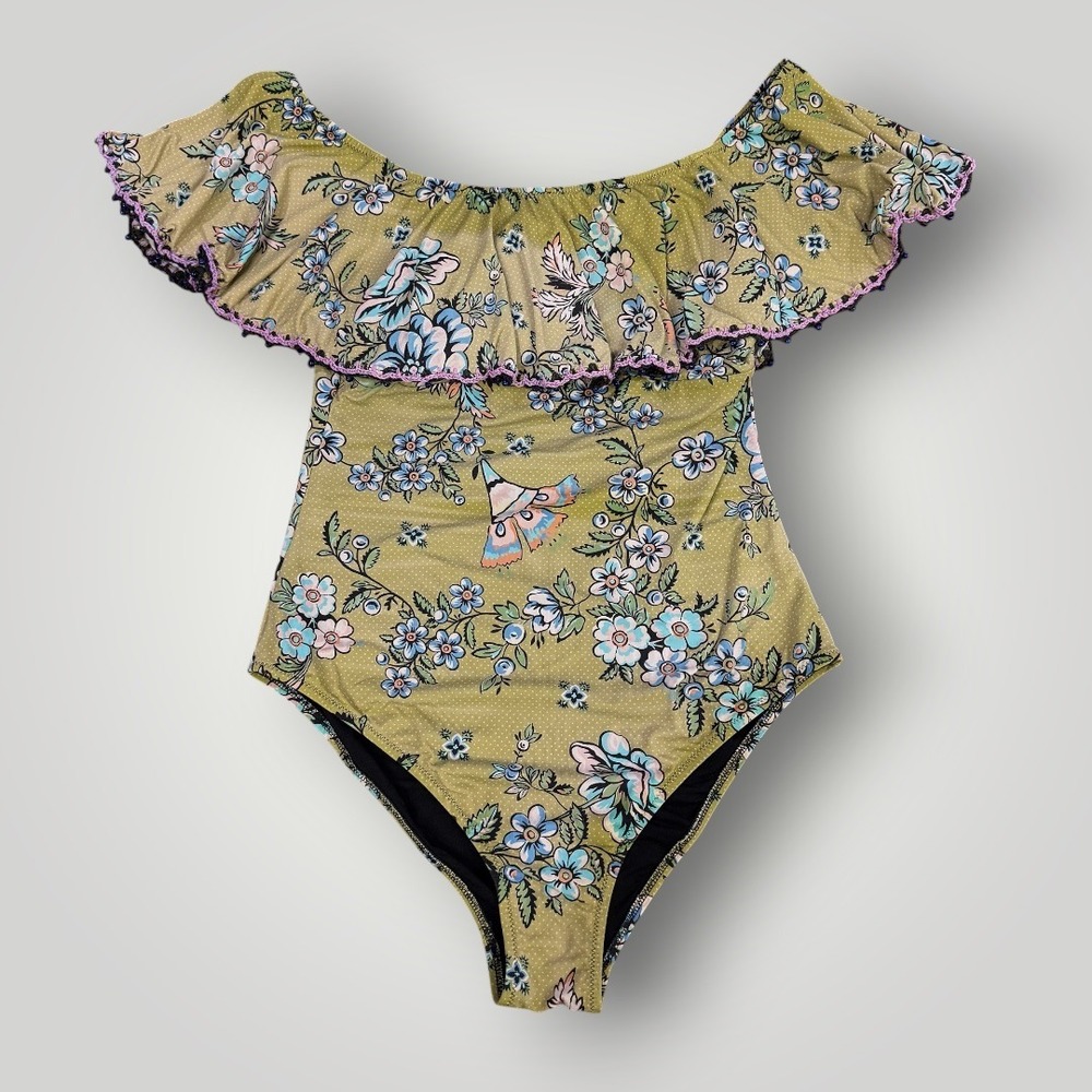 Anjuna Italy Floral Butterfly Ruffle Off Shoulder One Piece Swimsuit Green Sz M
